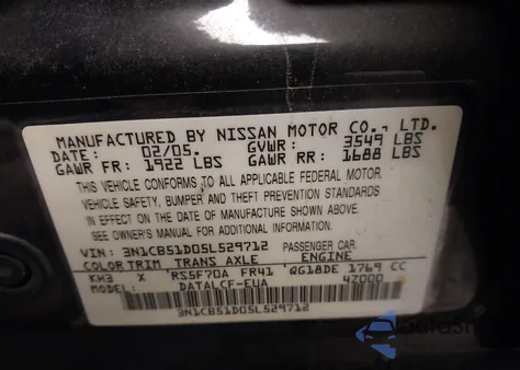 2005 Nissan Sentra 1.8 from USA, damaged, VIN 3N1CB51D05L529712